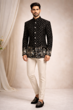 Timeless Black Printed Velvet Jodhpuri Blazer for Men