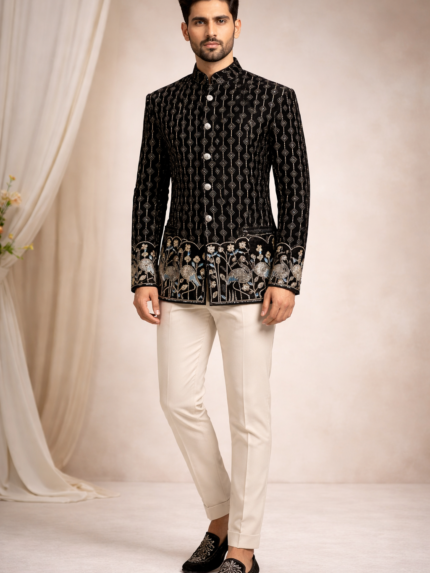 Timeless Black Printed Velvet Jodhpuri Blazer for Men