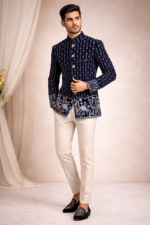 Regal Navy Blue Printed Velvet Jodhpuri Blazer for Men