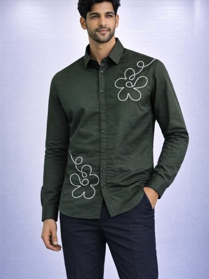 Stylish Dark Green Printed Full Shirt for Men - Premium Casual
