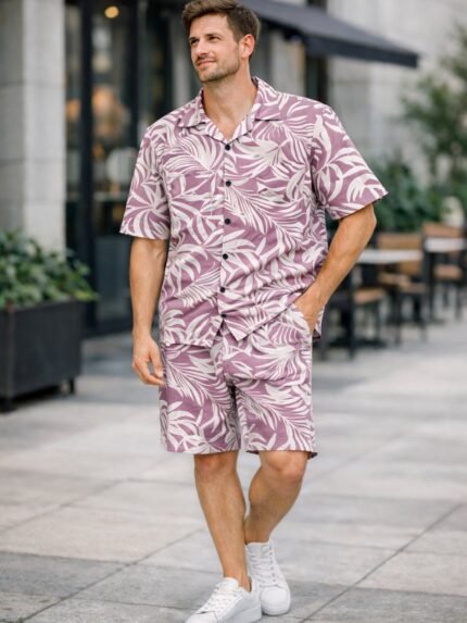 Buy Classic Pink Printed Cotton Cord Set for Men Online