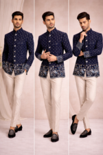 Regal Navy Blue Printed Velvet Jodhpuri Blazer for Men