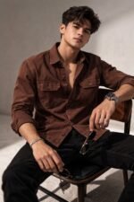 Stylish Dark Brown Plain Denim Shirt for Men