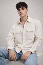 Trendy Cream Plain Denim Shirt for Men