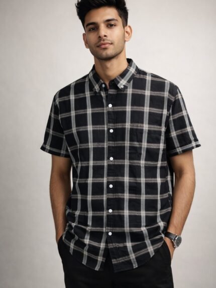 Trendy Black Checks Half Shirt for Men & Premium