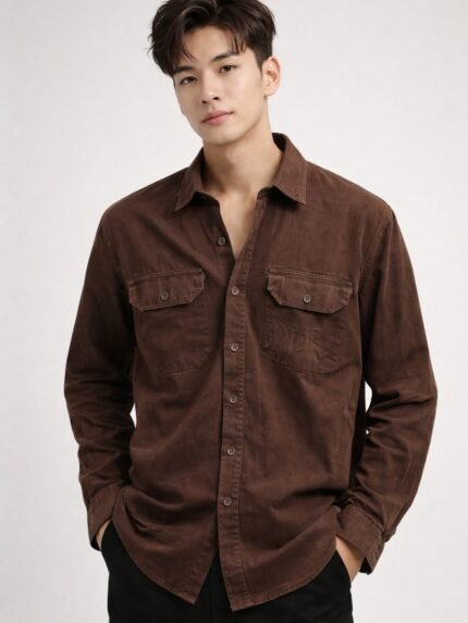 Stylish Dark Brown Plain Denim Shirt for Men