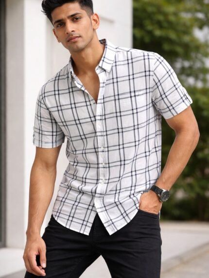 Buy Classic White Checks Half Shirt for Men