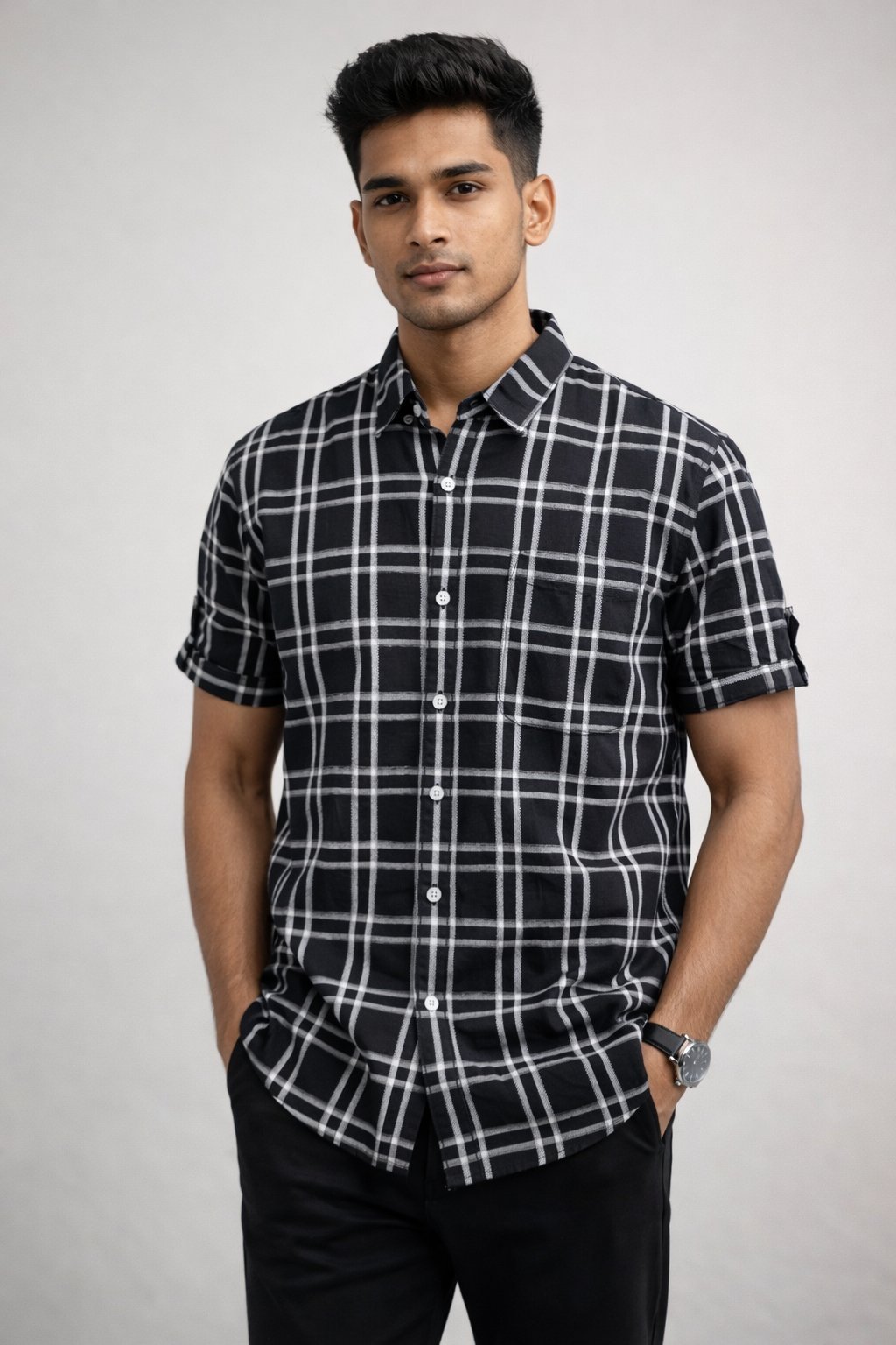 Buy Classic Jet Black Checks Half Shirt for Men Buy Classic Jet Black Checks Half Shirt for Men