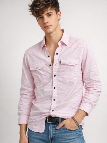 Buy Classic Lite Pink Plain Denim Shirt for Men