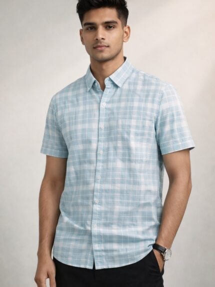 Buy Stylish Sky Blue Checks Half Shirt for Men