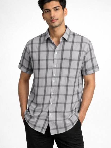 Buy Trendy Lite Grey Checks Half Shirt for Men
