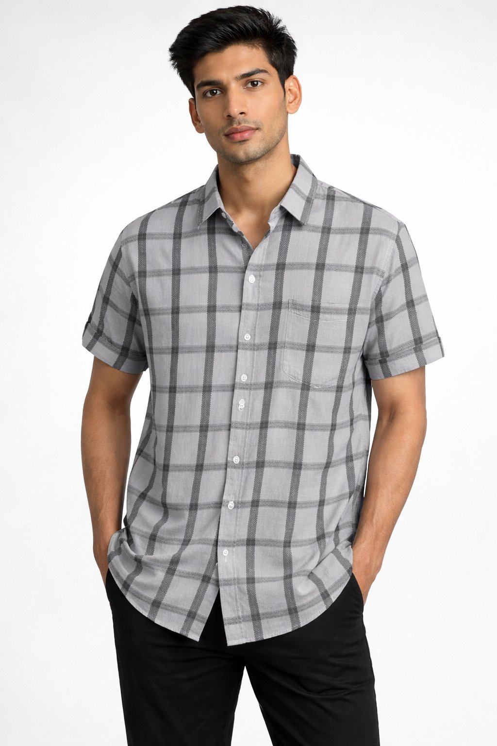 Buy Trendy Lite Grey Checks Half Shirt for Men Buy Trendy Lite Grey Checks Half Shirt for Men