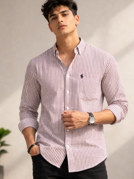 Trendy Dark Pink Polo Stripe Formal Shirt for Men