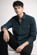 Trendy Teal Blue Double Pocket Denim Shirt for Men