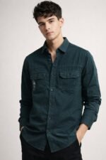 Trendy Teal Blue Double Pocket Denim Shirt for Men