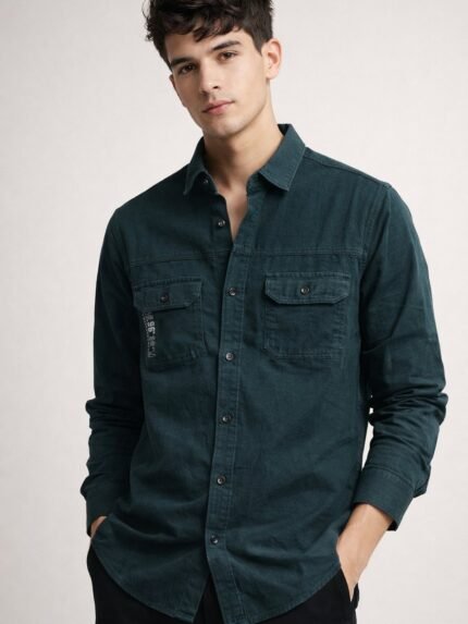 Trendy Teal Blue Double Pocket Denim Shirt for Men