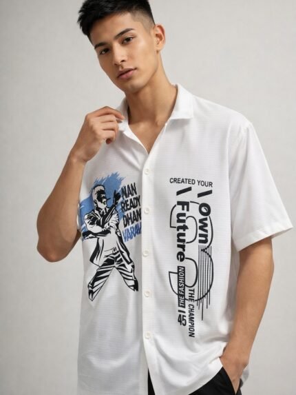 Trendy Printed White Oversize Shirt for Men