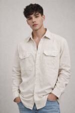Trendy Cream Plain Denim Shirt for Men