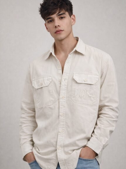 Trendy Cream Plain Denim Shirt for Men
