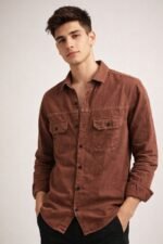 Classic Deep Brown Double Pocket Denim Shirt for Men