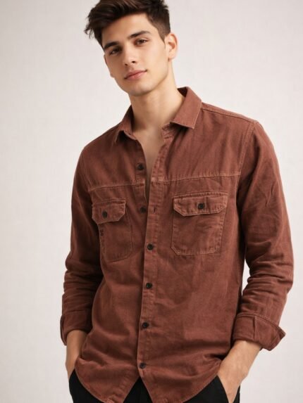 Classic Deep Brown Double Pocket Denim Shirt for Men