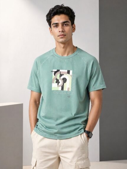 Stylish Light Green Printed Half T-Shirt for Men