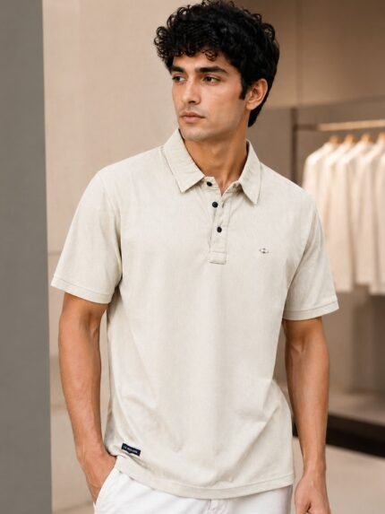 Stylish Cream Plain Polo Half T-Shirt for Men