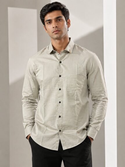 Trendy Cream Plain Full Shirt for Men – Elegance