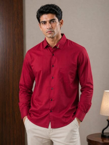 Stylish Red Plain Full Shirt for Men – Make a Bold