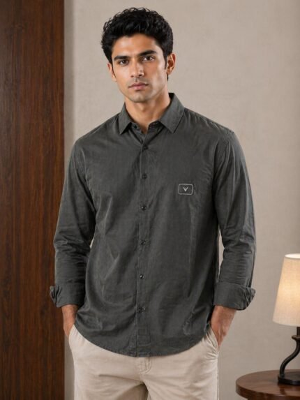 Classic Dark Grey Plain Full Shirt for Men & Comfort