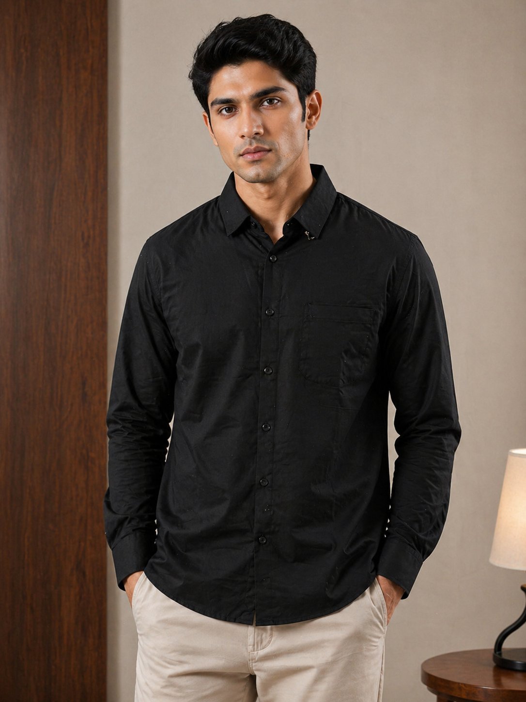 Stylish Black Plain Full Shirt for Men – Style Essential Stylish Black Plain Full Shirt for Men – Style Essential