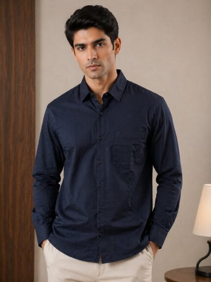 Trendy Navy Blue Plain Full Shirt for Men – Timeless Choice