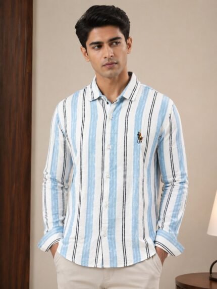 Sky Blue Stripe Full Shirt for Men & Premium