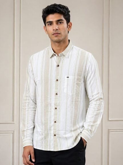 Trendy Cream Stripe Full Shirt for Men & Best Premium