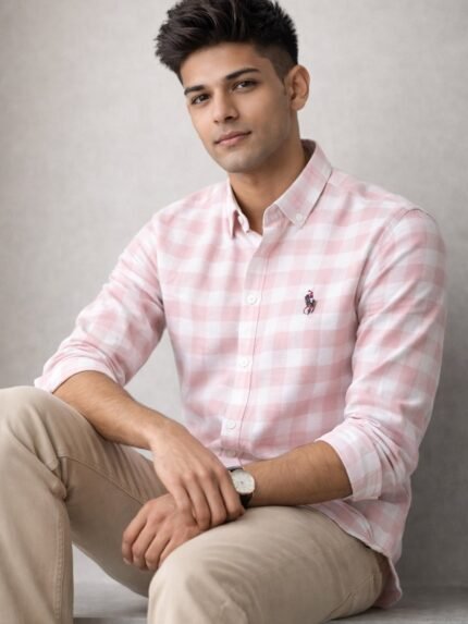 Trendy Checks Baby Pink Full Shirt for Men