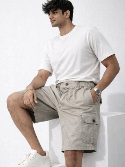 Stylish Cream Cotton Cargo Shorts for Men & Premium