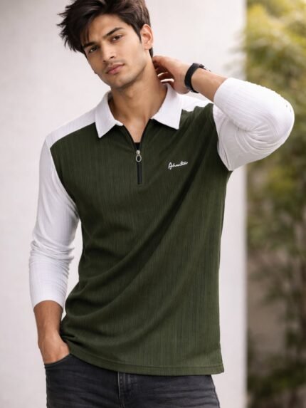 Classic Dark Green Zip Full T-Shirt for Men