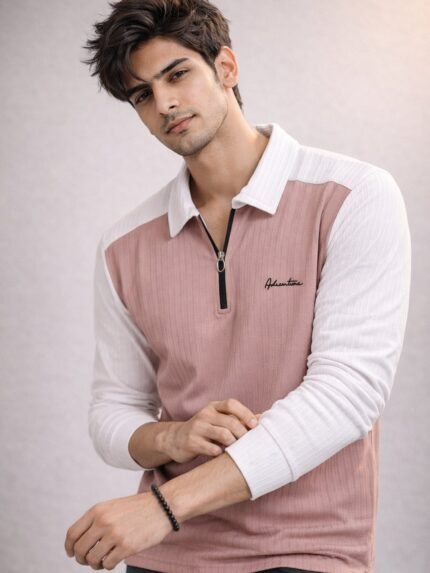 Classic Light Pink Zip Full T-Shirt for Men & Premium
