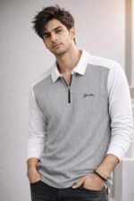 Classic Light Grey Zip Full T-Shirt for Men & Premium
