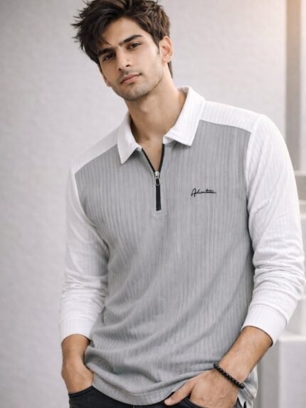 Classic Light Grey Zip Full T-Shirt for Men & Premium