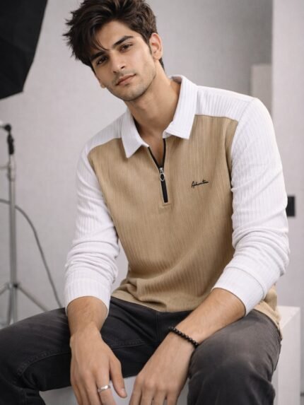 Classic Cream Zip Full T-Shirt for Men & Premium