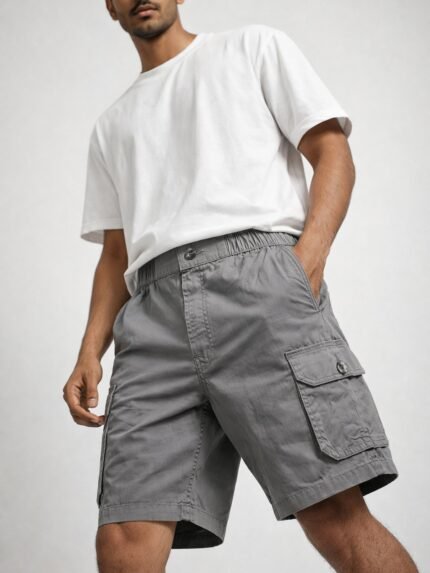 Light Grey Cotton Cargo Shorts for Men
