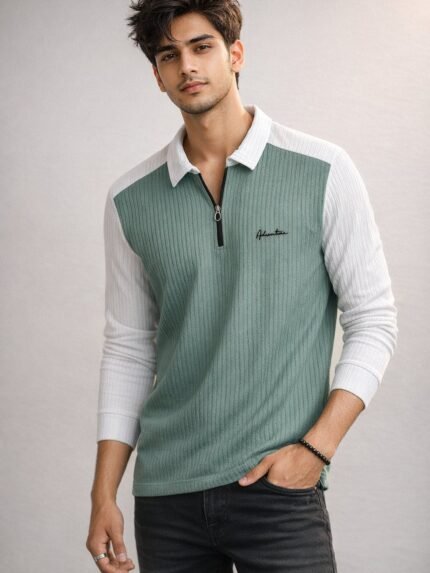 Classic Light Green Zip Full T-Shirt for Men & Premium