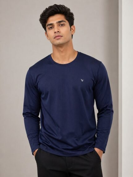 Compression Navy Blue Plain Full T-Shirt for Men