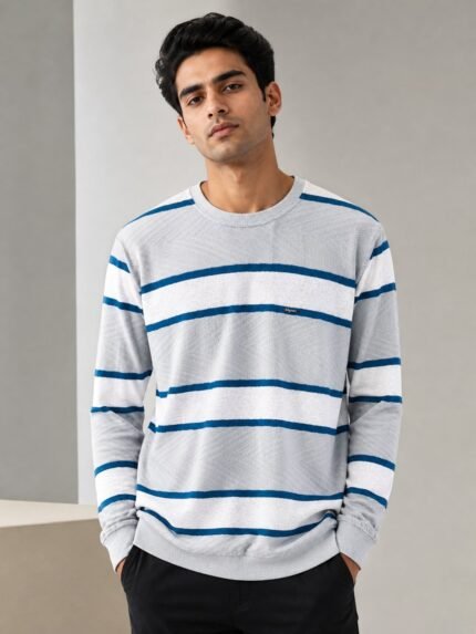 Trendy Light Grey Stripe Full T-Shirt for Men & Classic