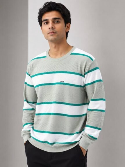 Trendy Light Green Stripe Full T-Shirt for Men & Classic