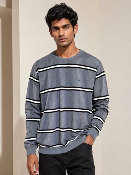 Classic Dark Grey Stripe Full T-Shirt for Men