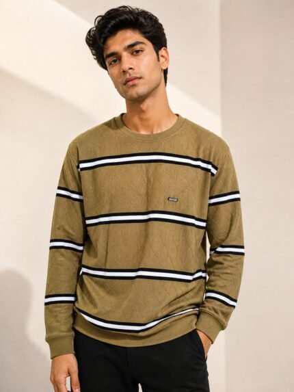 Classic Olive Green Stripe Full T-Shirt for Men