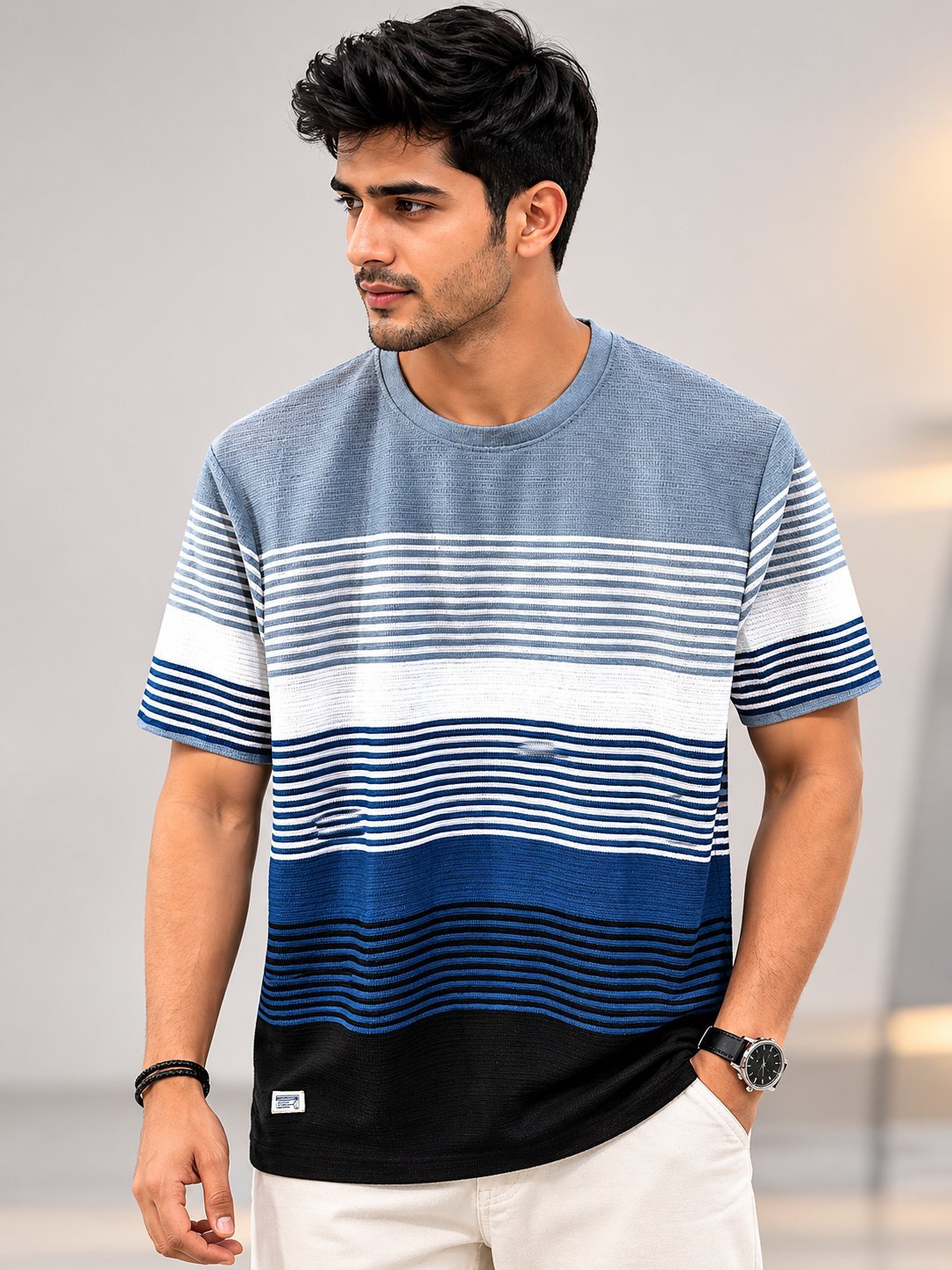 Stylish Light Grey Stripe Half T-Shirt for Men Stylish Light Grey Stripe Half T-Shirt for Men