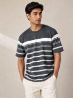 Trendy Dark Grey Stripe Half T-Shirt for Men